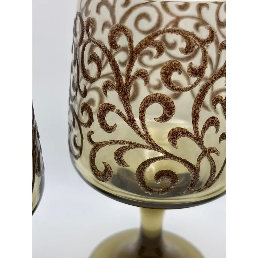 Vintage Libbey Prado Water Goblets (3)Wine Goblets(2) Scroll Pattern Brown